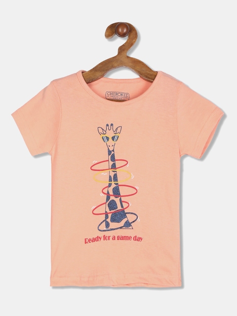 

Cherokee Girls Peach-Coloured Printed Round Neck T-shirt