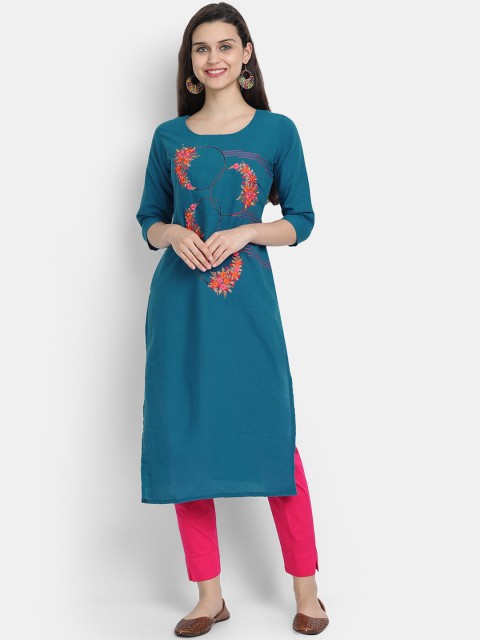 

7threads Women Blue Floral Embroidered Thread Work Kurta