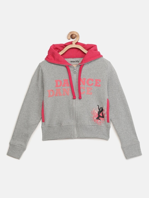 

mackly Girls Grey Melange & Pink Printed Hooded Sweatshirt