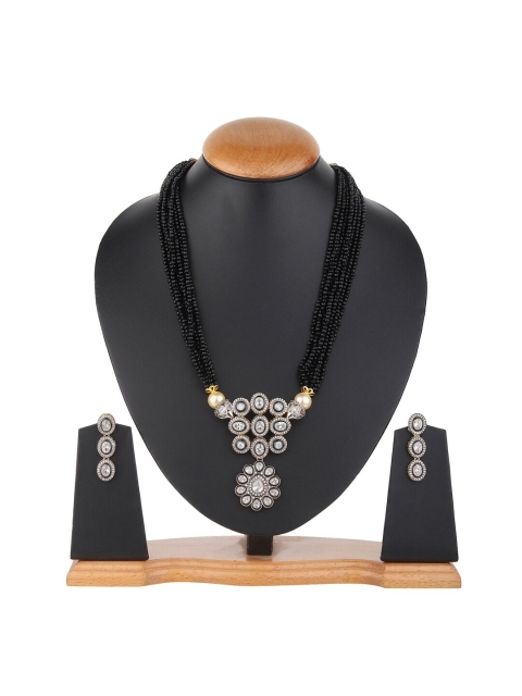

Runjhun Gold-Plated Black & White CZ-Studded & Beaded Handcrafted Jewellery Set