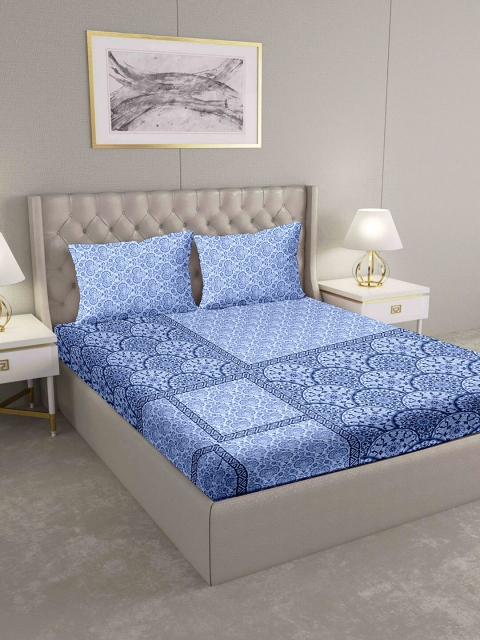 

BELLA CASA Blue Ethnic Motifs 160 TC Cotton 1 King Bedsheet with 2 Pillow Covers