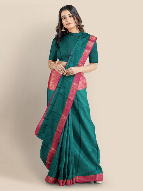 

KLM Fashion Mall Teal Silk Blend Woven Design Banarasi Saree