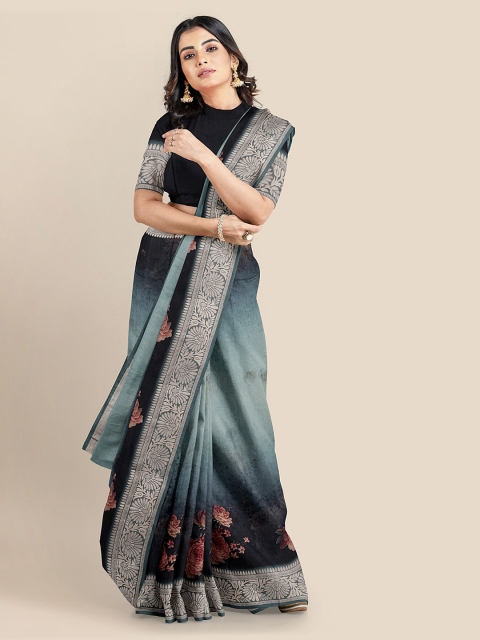 

KLM Fashion Mall Teal Floral Printed Silk Blend Saree