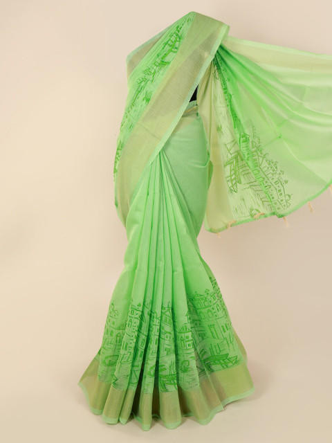 

Pothys Green Printed Cotton Blend Saree