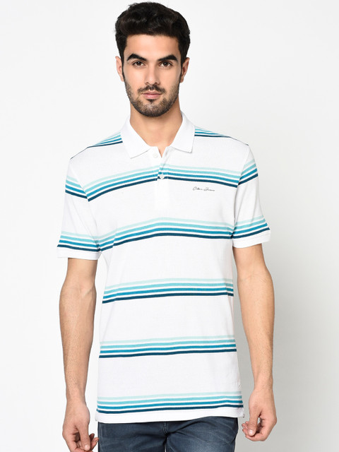 

Octave Men White & Blue Striped Polo Collar T-shirt