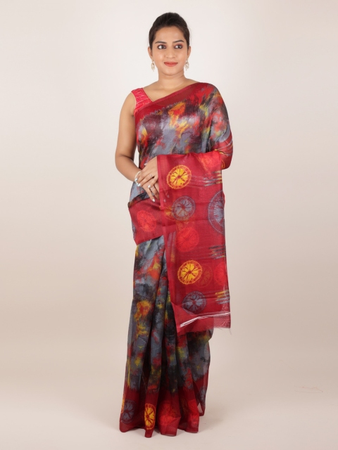 

Pothys Grey & Red Jute Silk Colourblocked Saree