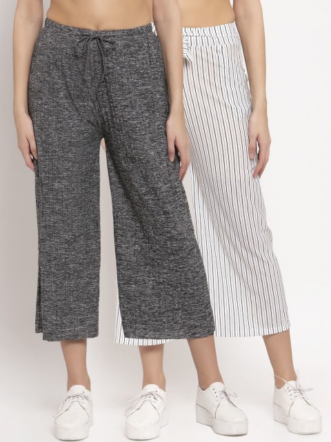 

KLOTTHE Women Pack of 2 Grey & White Striped Wide Leg Palazzos