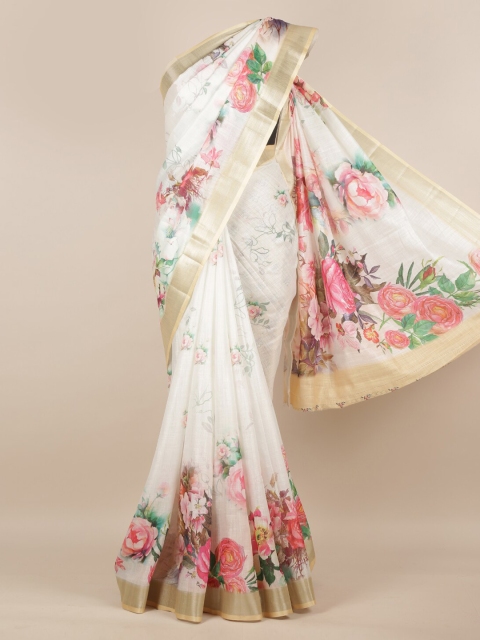 

Pothys White Printed Linen Blend Saree