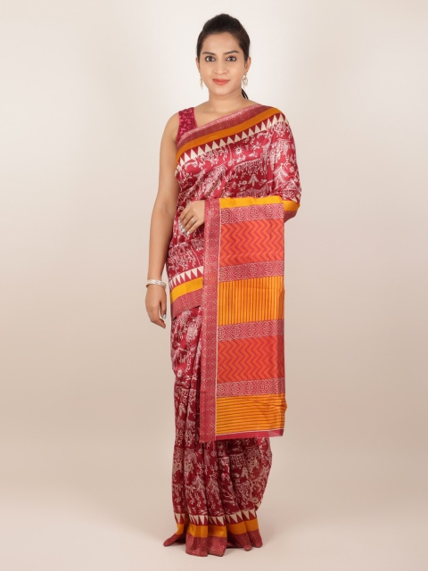 Pothys Red Printed Jute Silk Saree
