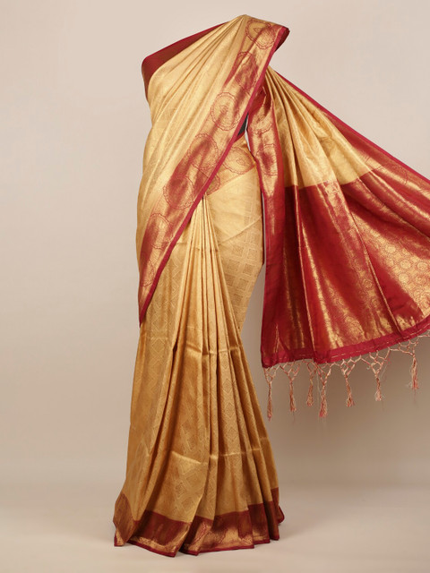 

Pothys Gold-Toned Woven Design Jute Silk Saree With Tasseled Pallu