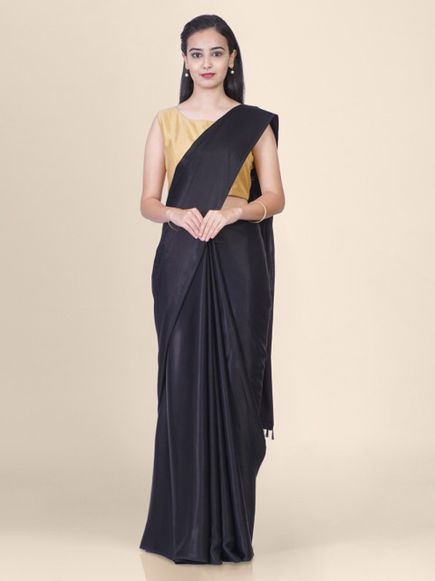 

Hastakala Black Satin Solid Banarasi Saree