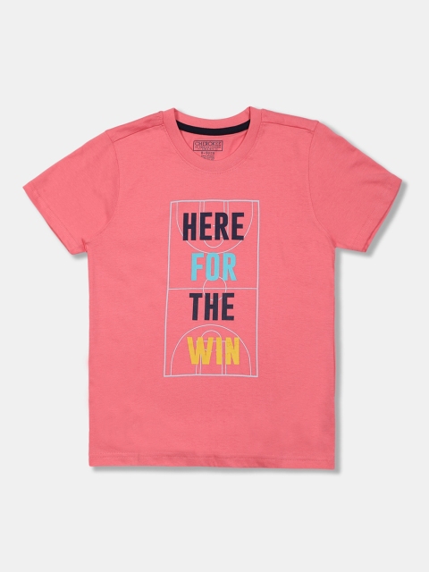 

Cherokee Boys Peach-Coloured Printed Round Neck T-shirt