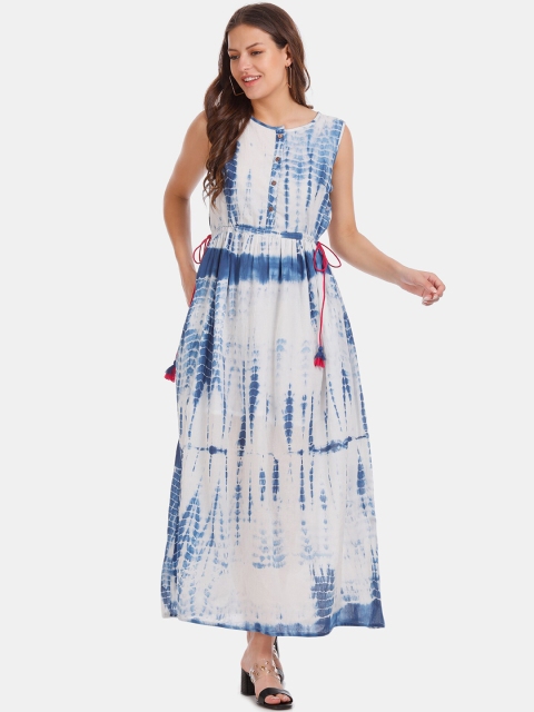 

Karigari Women White & Blue Dyed Cotton A-Line Dress