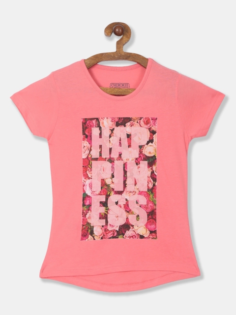 

Cherokee Girls Peach-Coloured Printed Round Neck T-shirt
