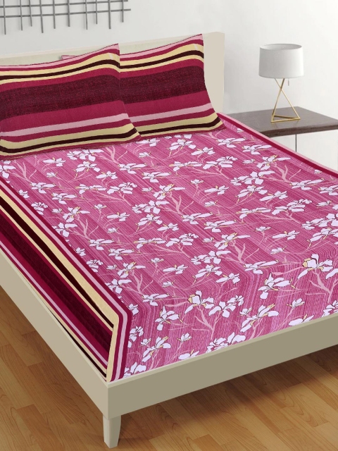Tistabene Pink Floral 180 TC Cotton 1 King Bedsheet with 2 Pillow Covers