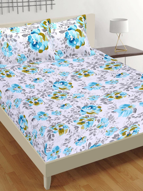 

Tistabene White & Blue Floral 180 TC Cotton 1 King Bedsheet with 2 Pillow Covers