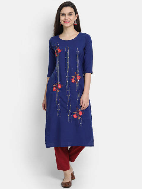 

7Threads Women Blue Embroidered Straight Kurta