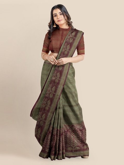 

KLM Fashion Mall Olive Green Silk Blend Woven Design Banarasi Saree