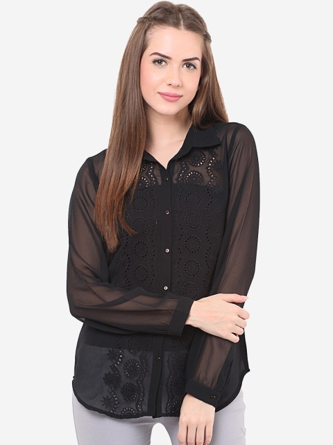 

Porsorte Women Black Regular Fit Schiffli Semi-Sheer Casual Shirt