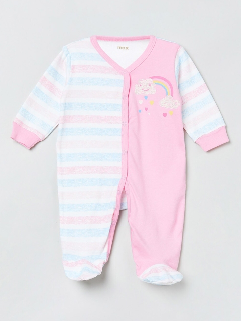 

max Girls White & Pink Pure Cotton Striped Sleepsuit
