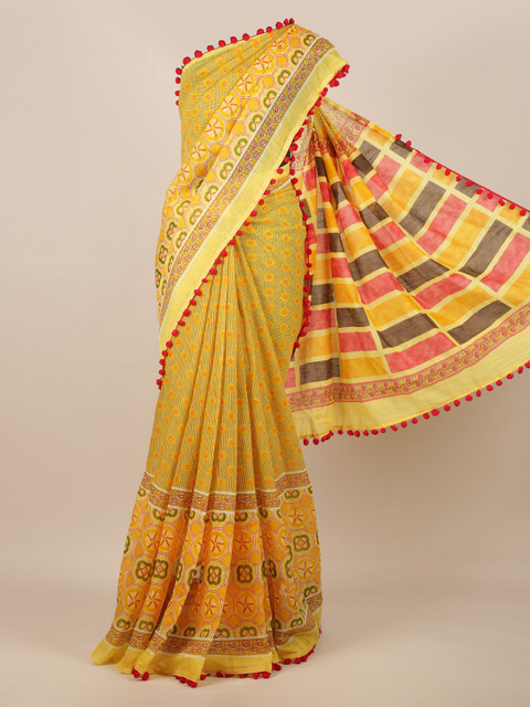 

Pothys Yellow Printed Linen Blend Saree
