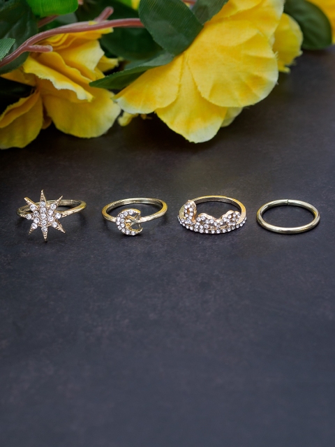 

Golden Peacock Set Of 4 Gold-Toned CZ-Studded Finger Rings