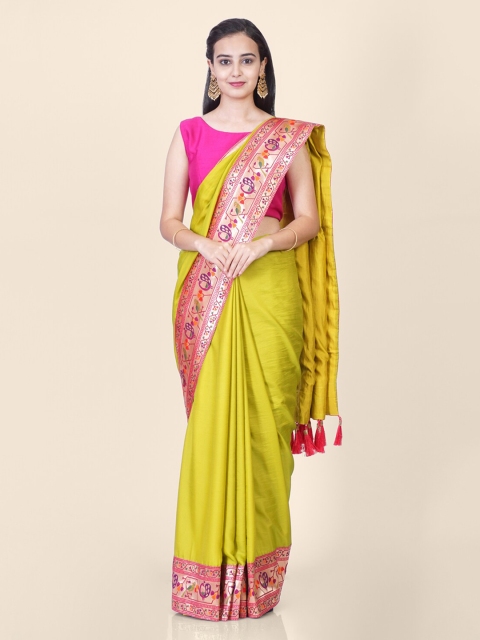

Hastakala Lime Green & Pink Satin Solid Paithani Saree