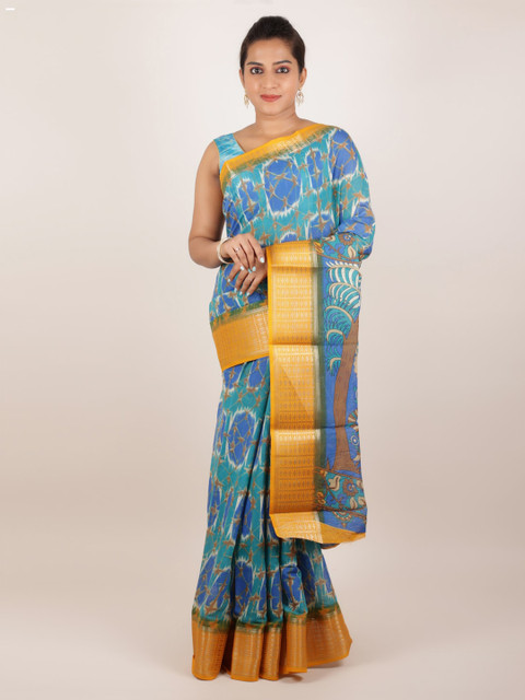 

Pothys Blue & Yellow Jute Silk Printed Saree