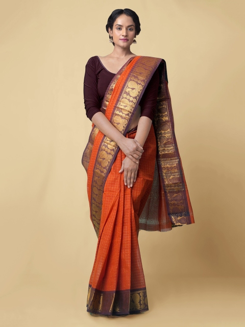 

Unnati Silks Orange Pure Cotton Checked Mysore Silk Saree