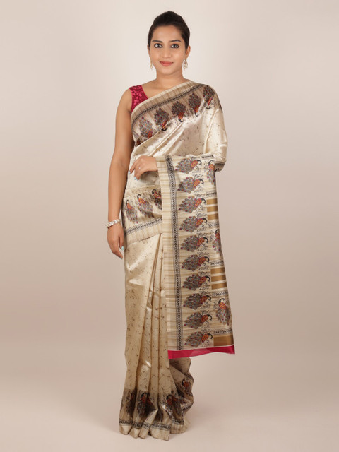 

Pothys Cream-Coloured Printed Jute Silk Saree