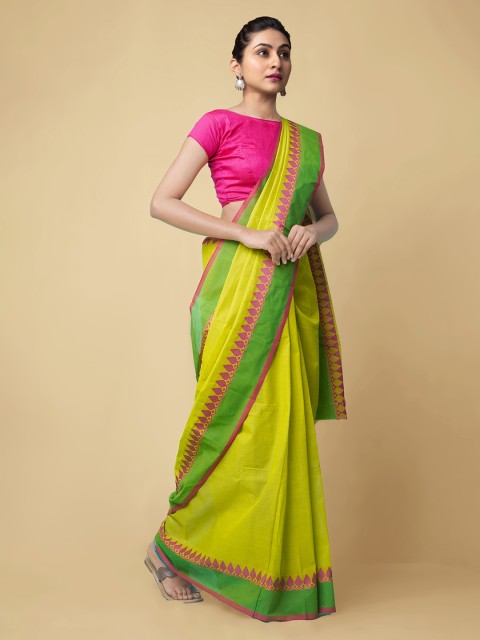 

Unnati Silks Green Pure Cotton Solid Kanjeevaram Saree