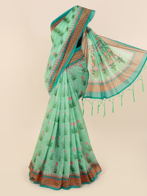 

Pothys Green Printed Cotton Blend Saree With Tasseled Pallu
