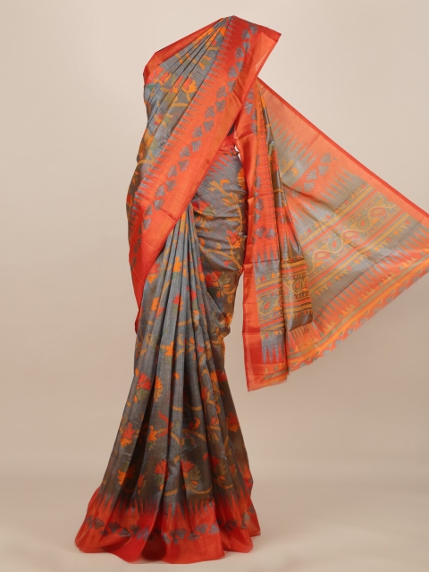 

Pothys Grey & Orange Jute Silk Printed Saree