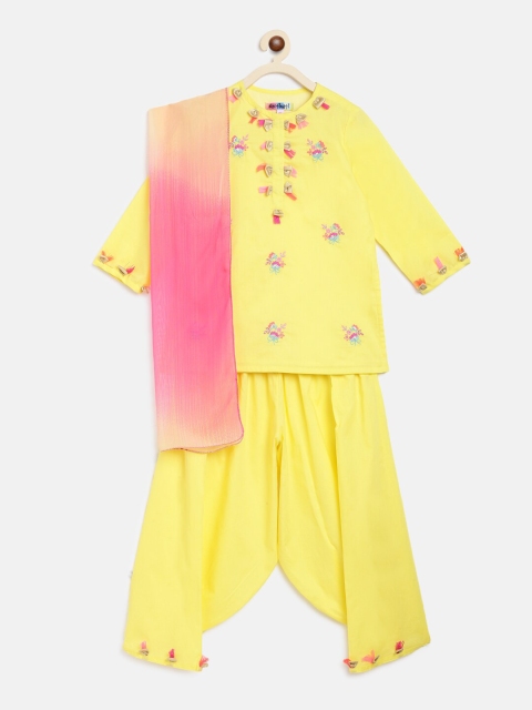 

Nauti Nati Girls Yellow Embroidered Kurta with Dhoti Pants & Dupatta