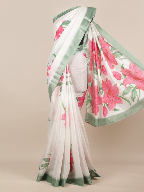 

Pothys White & Green Linen Blend Printed Saree