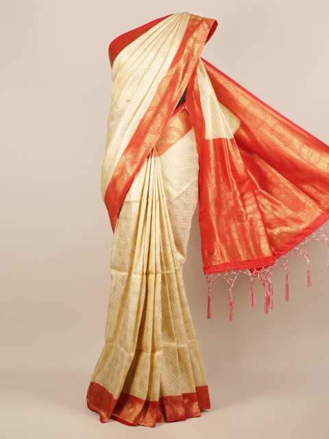 

Pothys Cream-Coloured & Red Jute Silk Solid Saree
