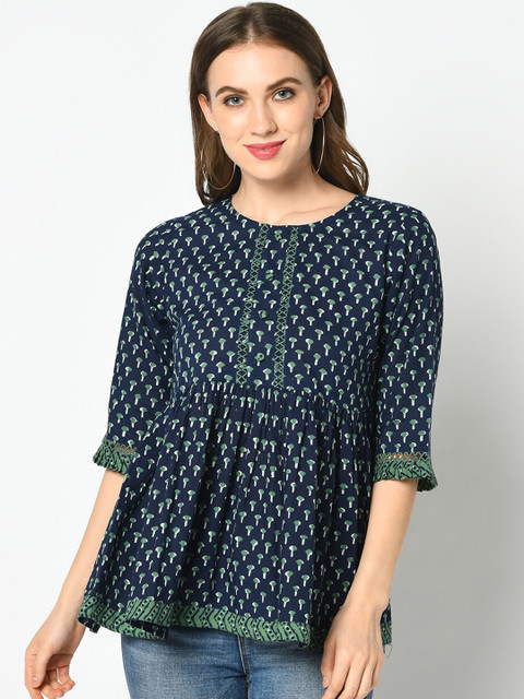 

Azira Navy Blue Printed Pure Cotton Empire Top