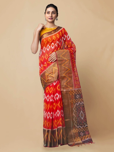 

Unnati Silks Red & Maroon Pure Cotton Printed Ikat Handloom Saree