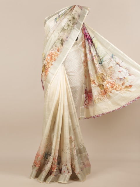 

Pothys Cream-coloured Printed Linen Blend Saree, Green