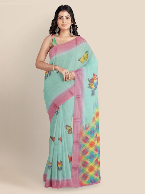 

KLM Fashion Mall Turquoise Blue Printed Linen Blend Saree