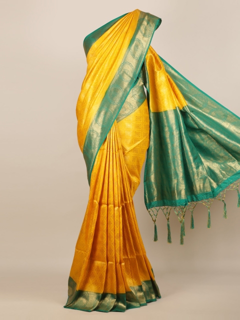 

Pothys Yellow & Green Jute Silk Woven Design Saree With Tasseled Pallu