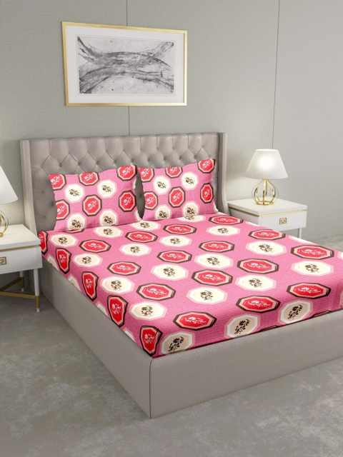 

BELLA CASA Pink Geometric 124 TC Cotton 1 King Bedsheet with 2 Pillow Covers