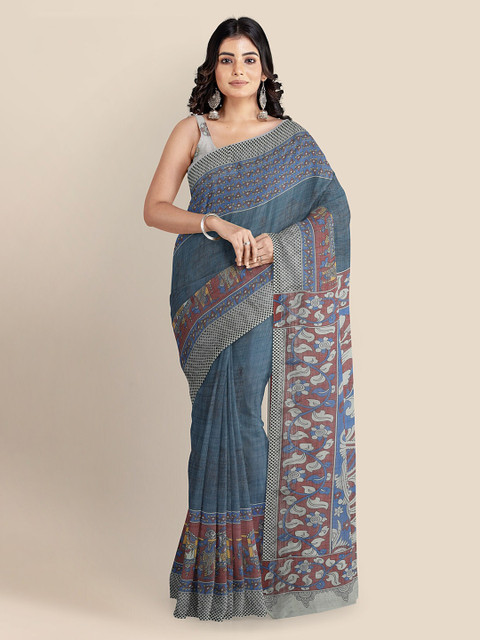 

KLM Fashion Mall Teal Striped Linen Blend Saree