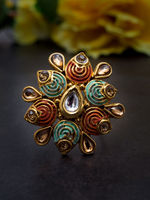 

Golden Peacock Gold-Plated Red & Blue Stone-Studded Enamelled Adjustable Finger Ring