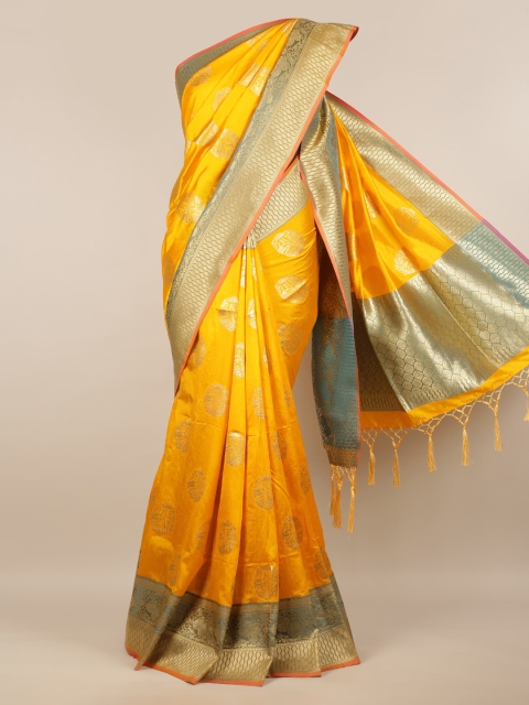 

Pothys Yellow & Green Jute Silk Woven Design Saree