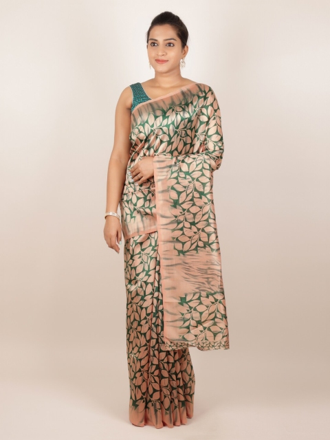 

Pothys Peach-Coloured & Green Jute Silk Printed Saree