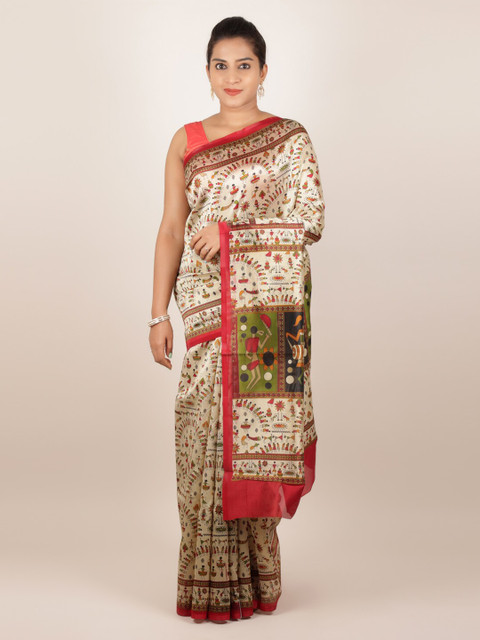 

Pothys Cream-Coloured Printed Jute Silk Saree