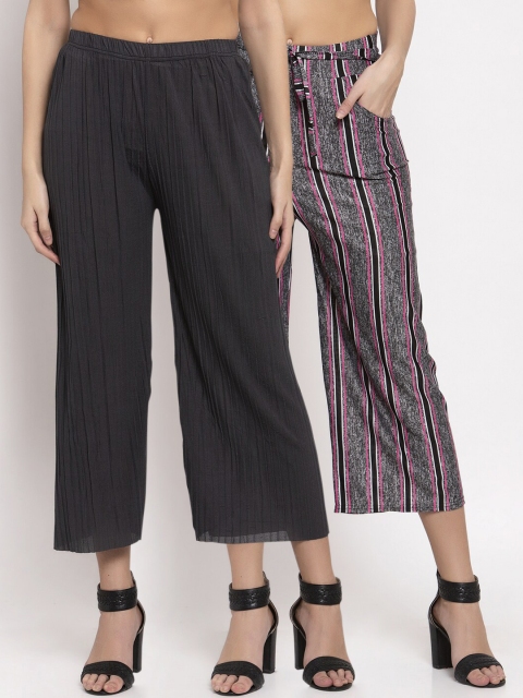 

KLOTTHE Women Pack Of 2 Wide Leg Palazzos, Charcoal