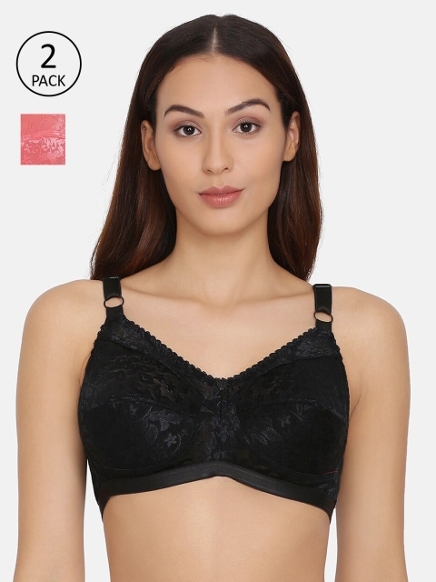 

PRETTYBOLD Pack Of 2 Lace Non-Wired Non Padded Minimizer Bra, Black