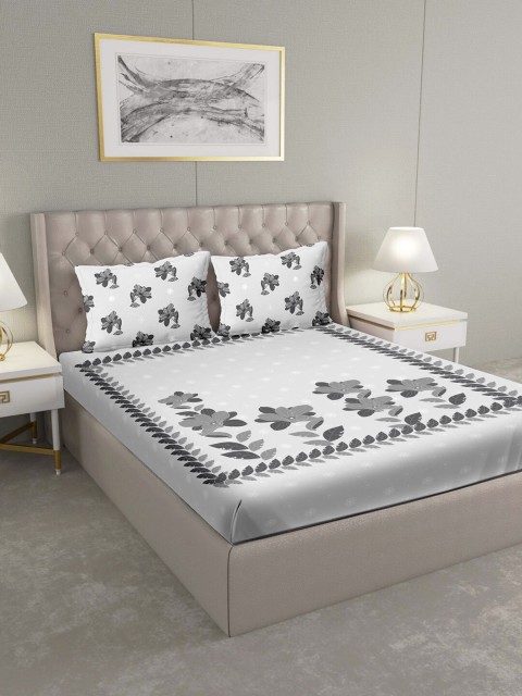 

BELLA CASA Off-White & Grey Floral 160 TC Cotton 1 King Bedsheet with 2 Pillow Covers
